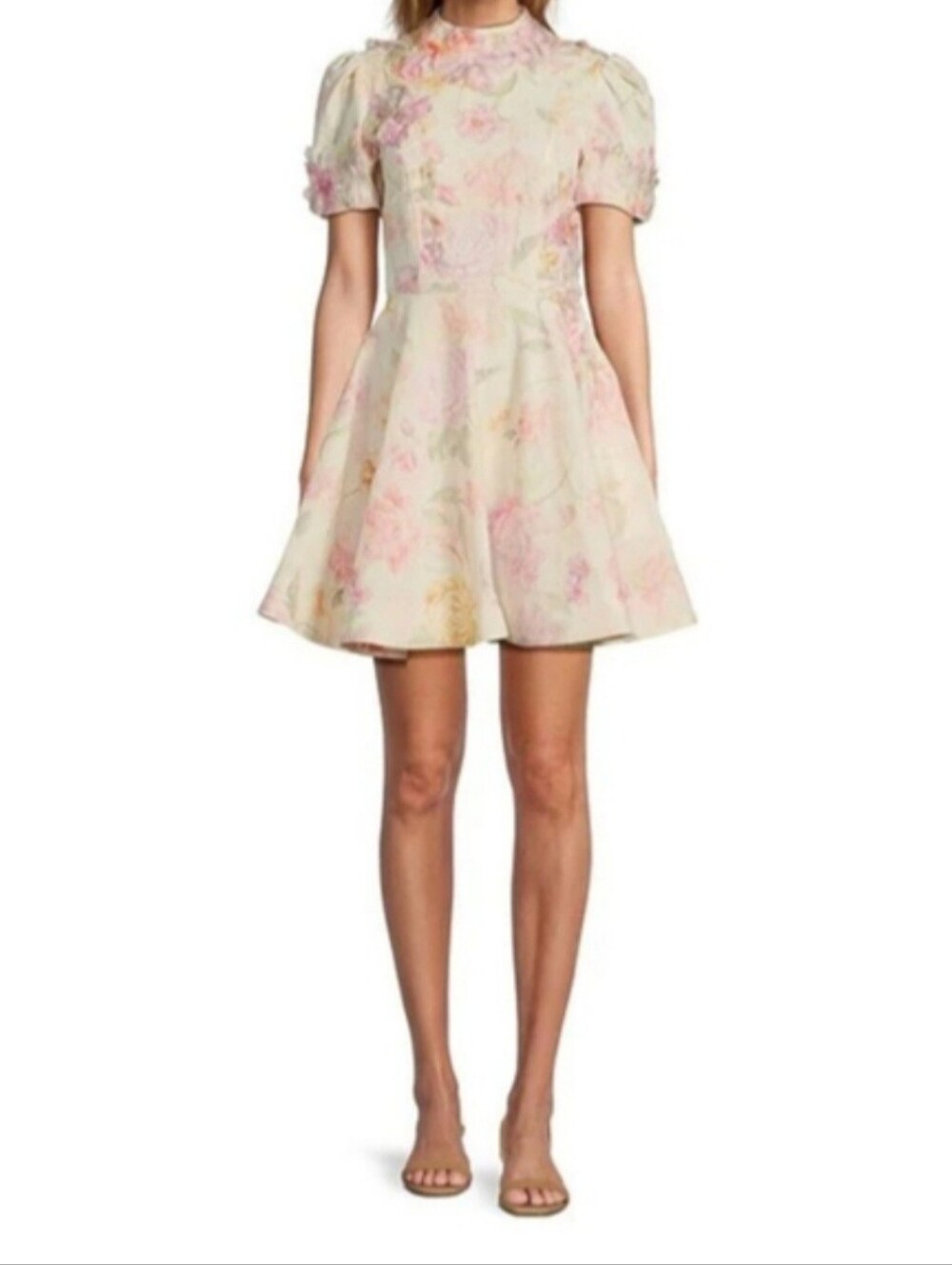 ANTONIO MELANI Cream Floral Puff-Sleeve Mini Dress